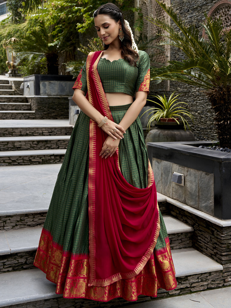 Alluring Bottle Green Zari Weaving Cotton Mehendi Wear Half Saree Lehenga