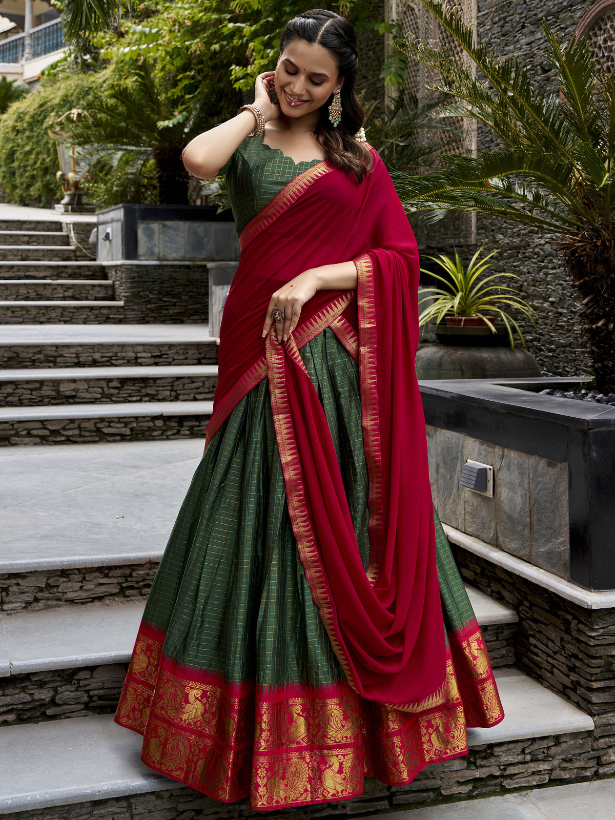 Alluring Bottle Green Zari Weaving Cotton Mehendi Wear Half Saree Lehenga