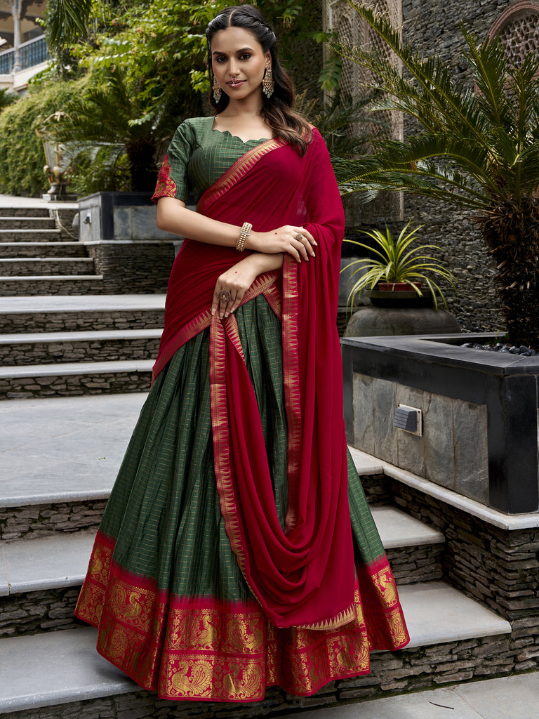 Alluring Bottle Green Zari Weaving Cotton Mehendi Wear Half Saree Lehenga
