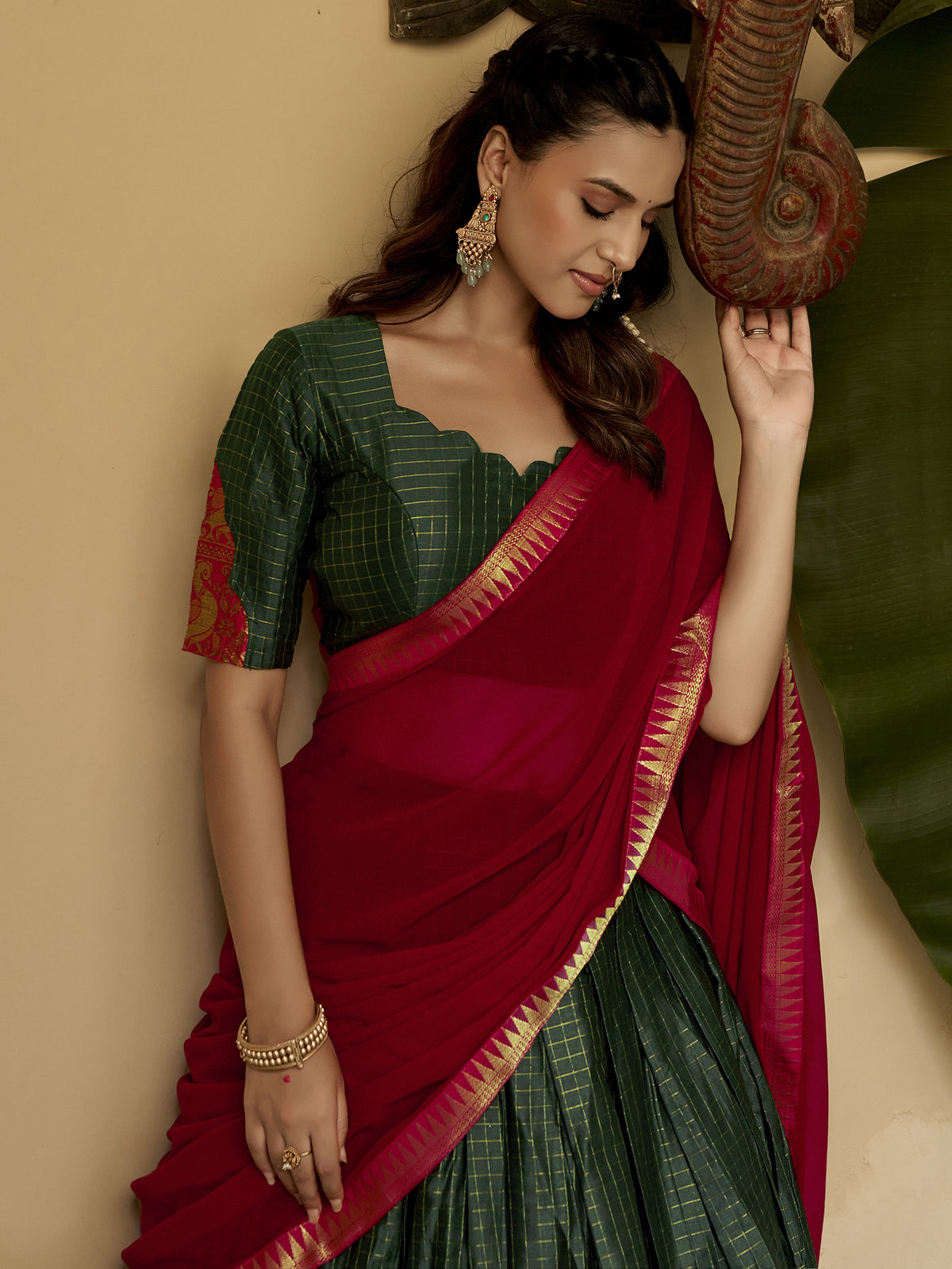 Alluring Bottle Green Zari Weaving Cotton Mehendi Wear Half Saree Lehenga