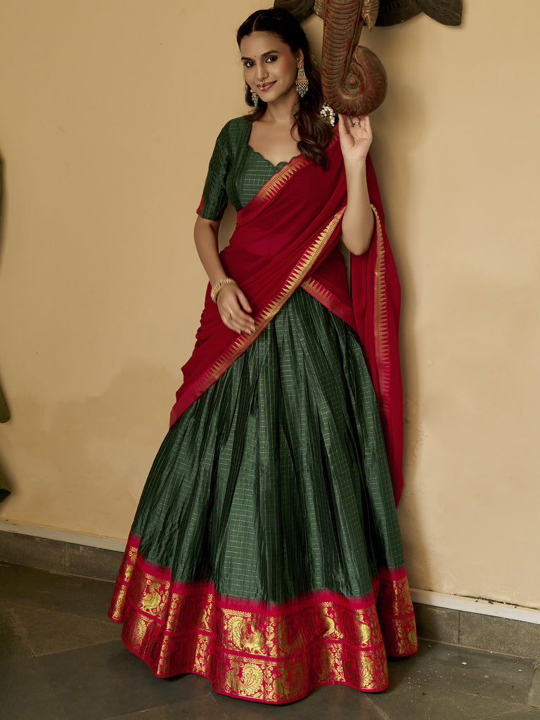 Alluring Bottle Green Zari Weaving Cotton Mehendi Wear Half Saree Lehenga