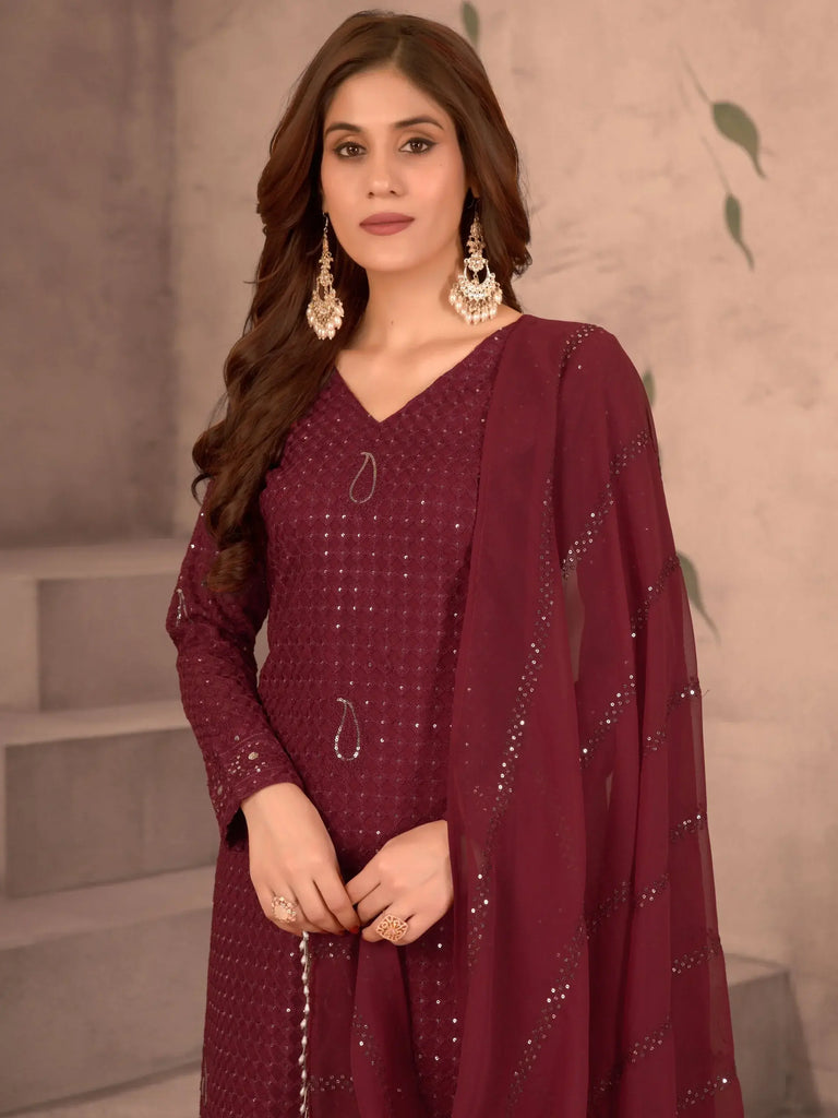 Wonderful Maroon Thread Work Georgette Festive Wear Pant Suit