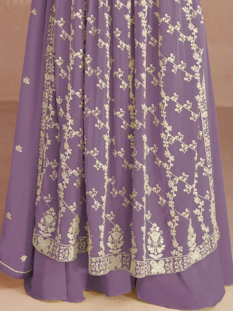 Lavender lehenga with gold floral embroidery, traditional Indian ethnic wear