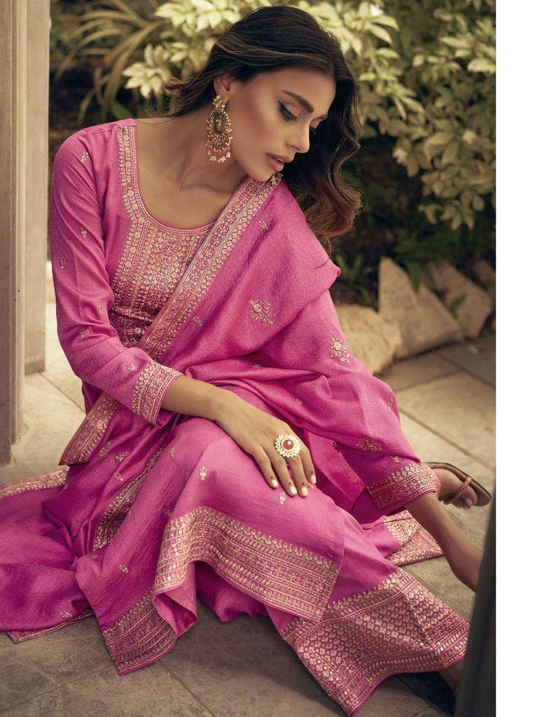 Stunning Pink Thread Embroidery Silk Festival Wear Palazzo Suit