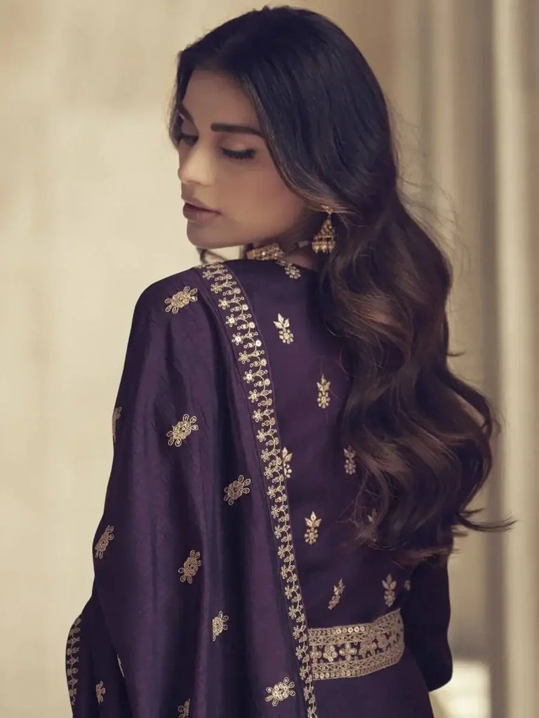 Marvelous Purple Embroidered Silk Ready-Made Gown With Dupatta