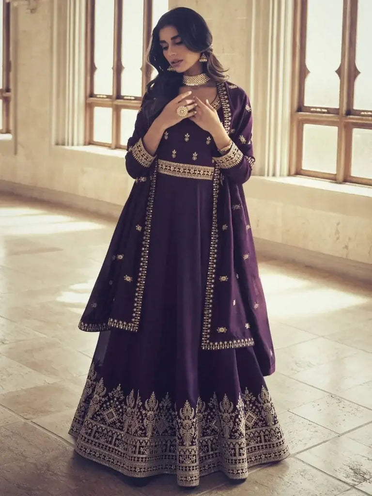 Marvelous Purple Embroidered Silk Ready-Made Gown With Dupatta