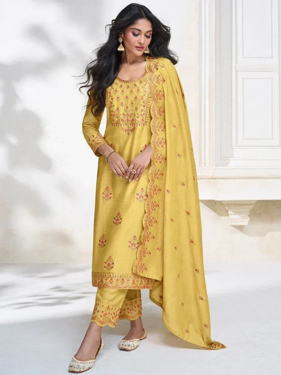 Yellow embroidered salwar kameez with matching dupatta, ethnic Indian wear for women