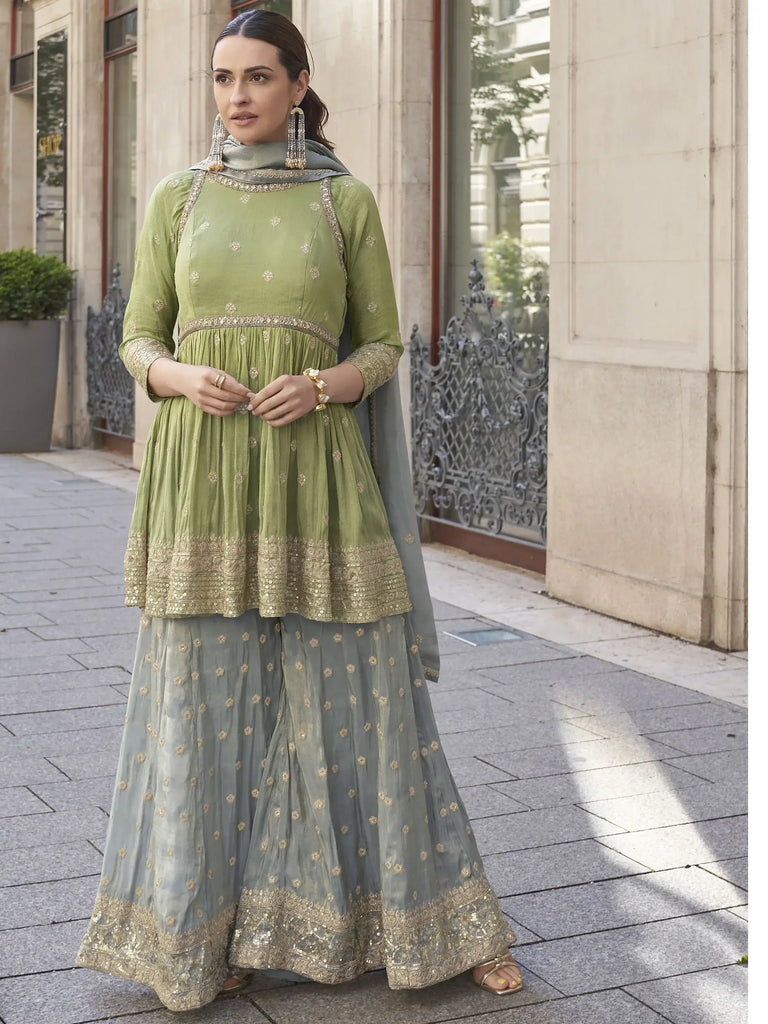 Stunning Pista Green Embroidered Organza Silk Event Wear Palazzo Suit