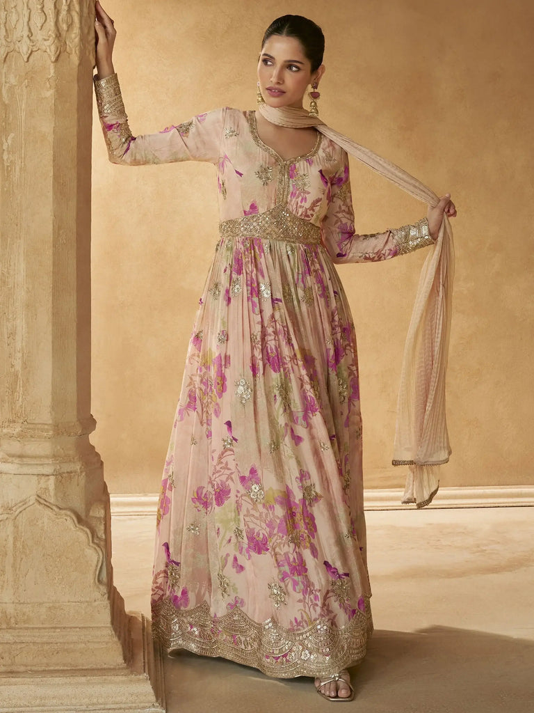 Beautiful Peach Sequins Work Silk Function Wear Gown With dupatta