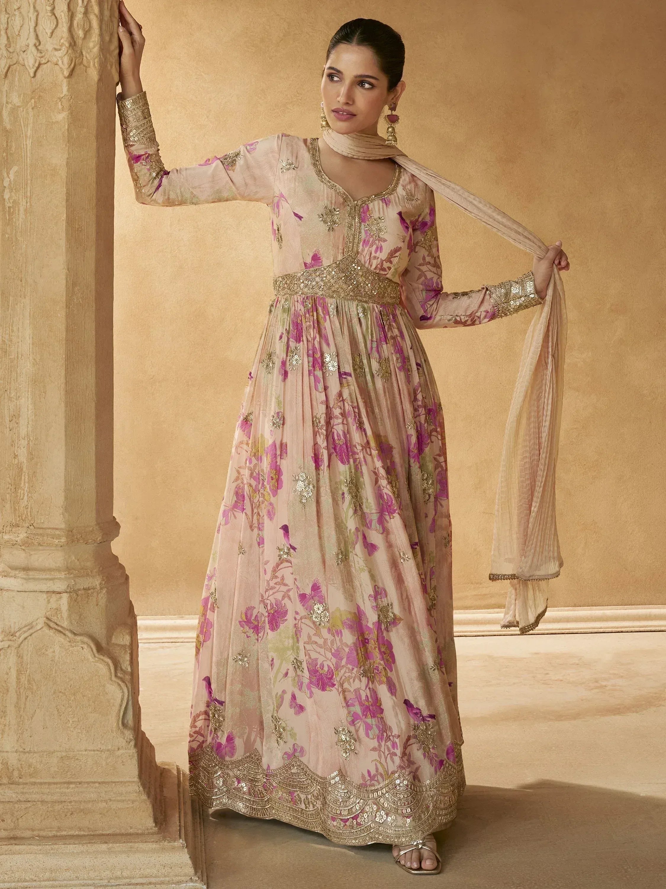 Elegant floral printed anarkali with gold embroidery and matching dupatta for Indian ethnic wear