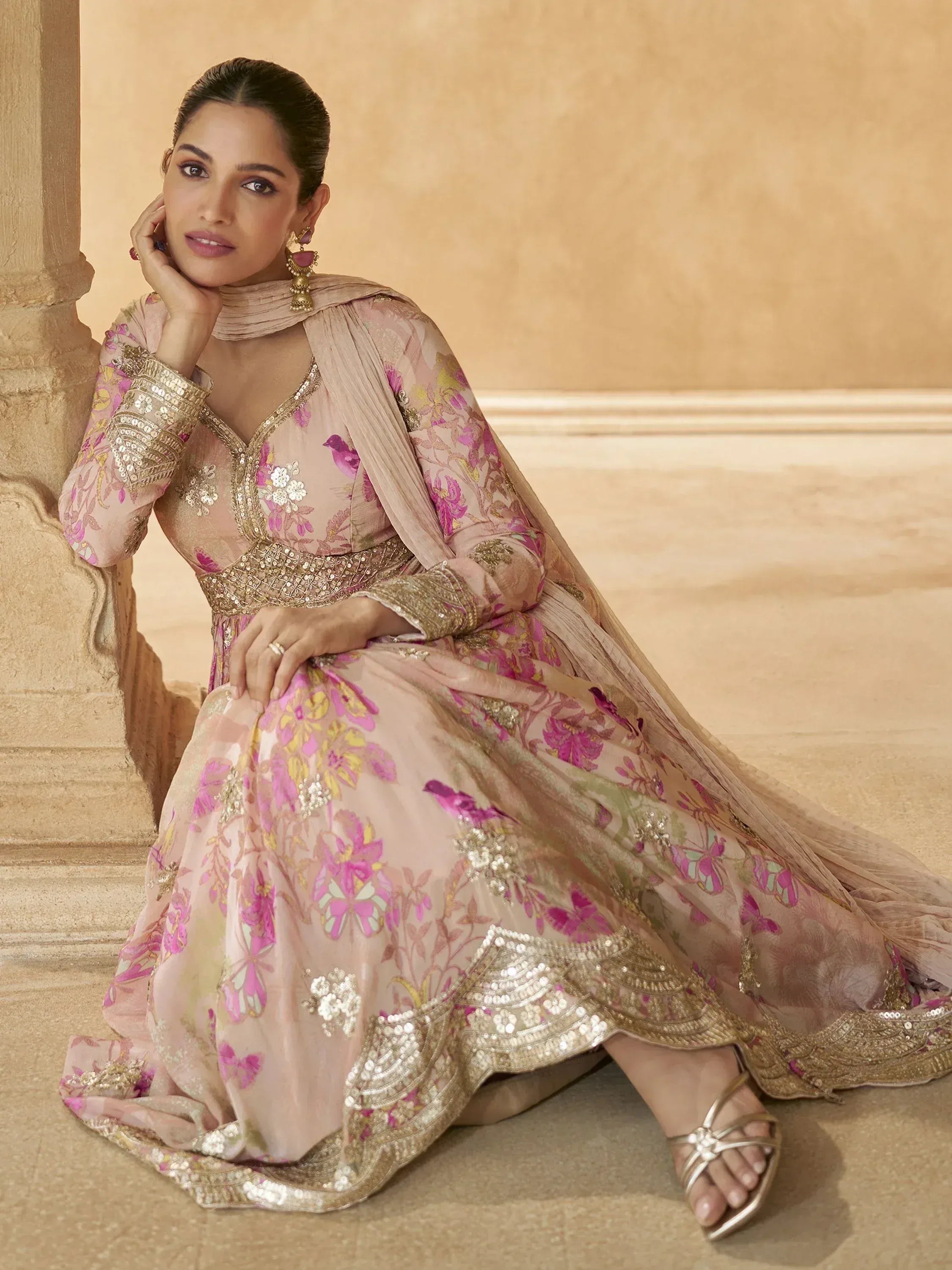 Elegant pink floral anarkali with gold embroidery and dupatta, perfect for Indian ethnic wear