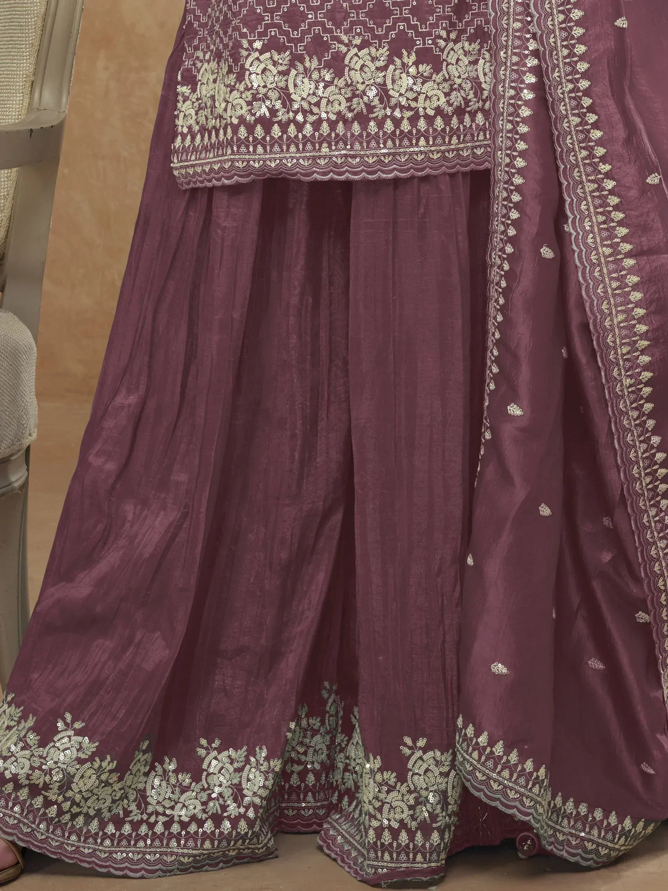 Burgundy lehenga choli with gold embroidery and sequin work, Indian ethnic wear