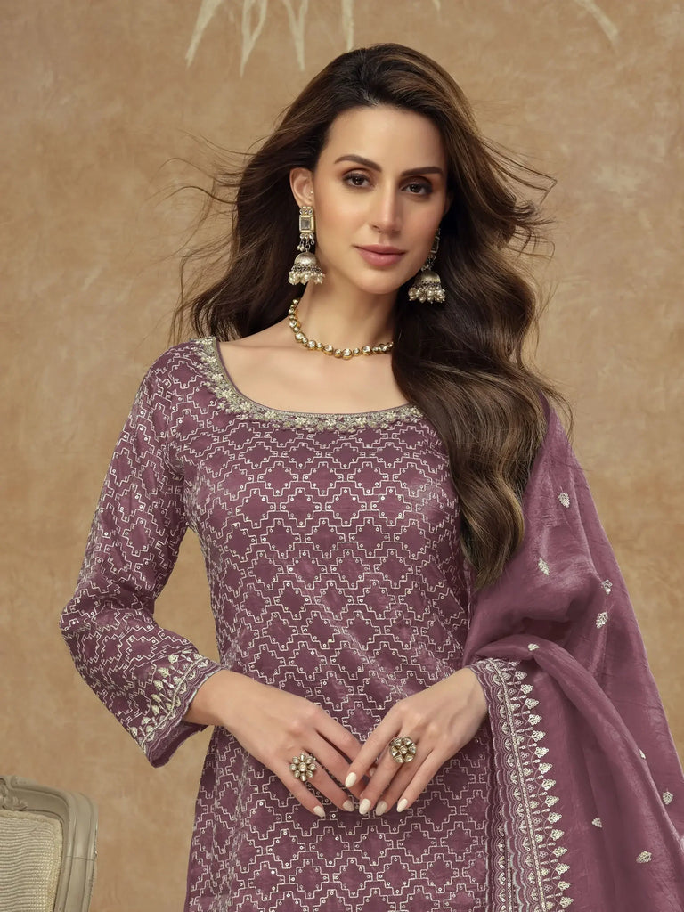 Winsome Wine Sequins Silk Festival Wear Palazzo Suit With Dupatta