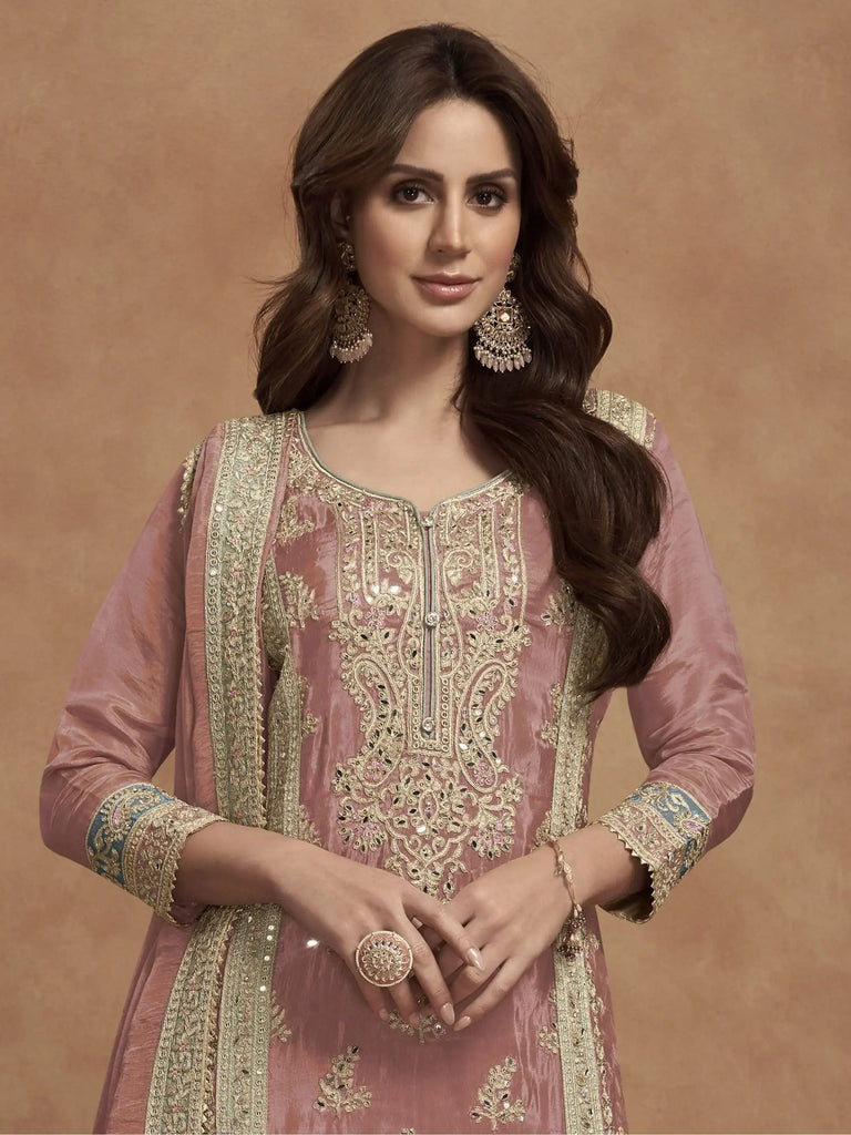 Lovely Peach Embroidered Silk Wedding Wear Palazzo Suit With Dupatta
