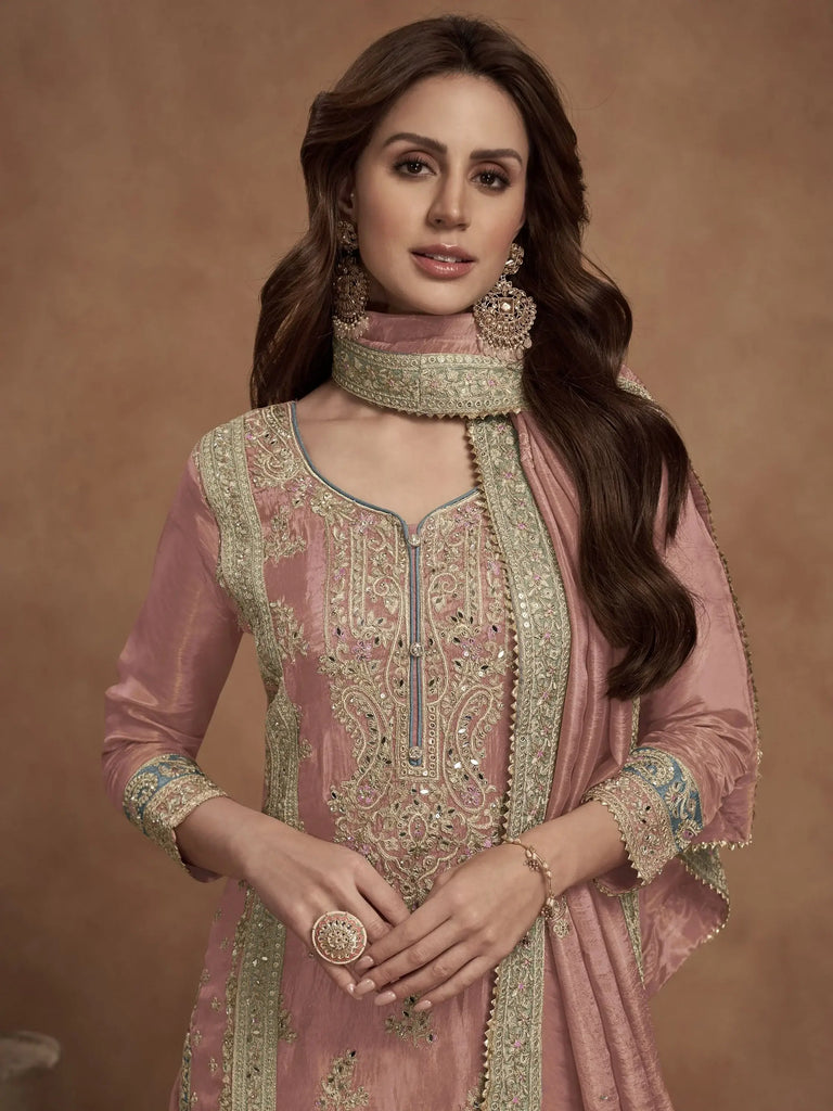 Lovely Peach Embroidered Silk Wedding Wear Palazzo Suit With Dupatta