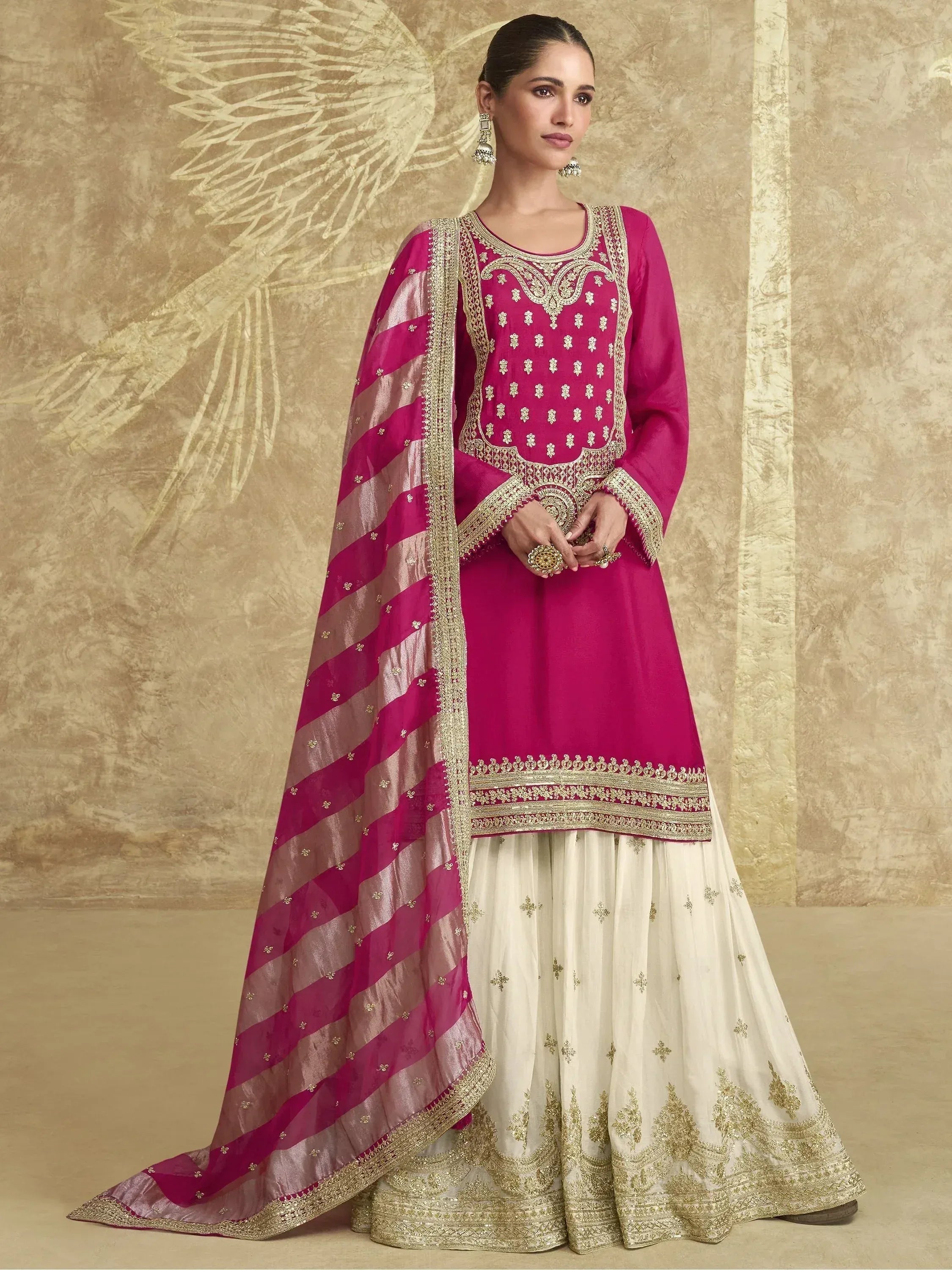 Pink and cream embroidered salwar kameez with gold detailing and striped dupatta, Indian ethnic wear