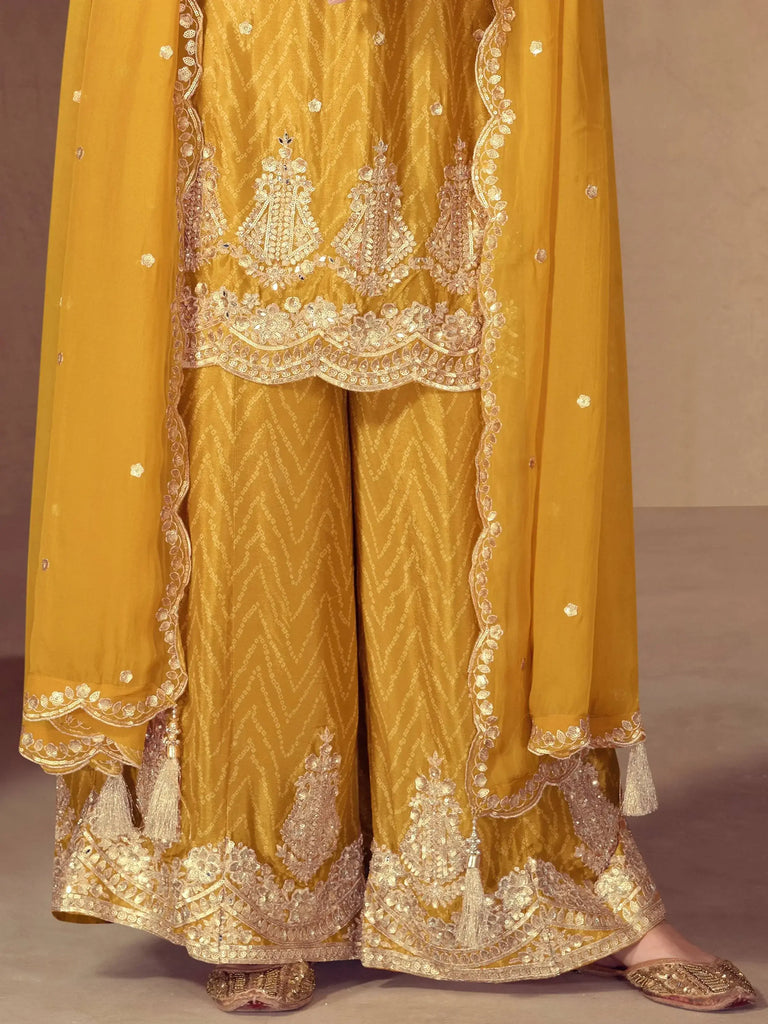 Regal Yellow Chinon Bandhani Printed Haldi Wear Palazzo Suit