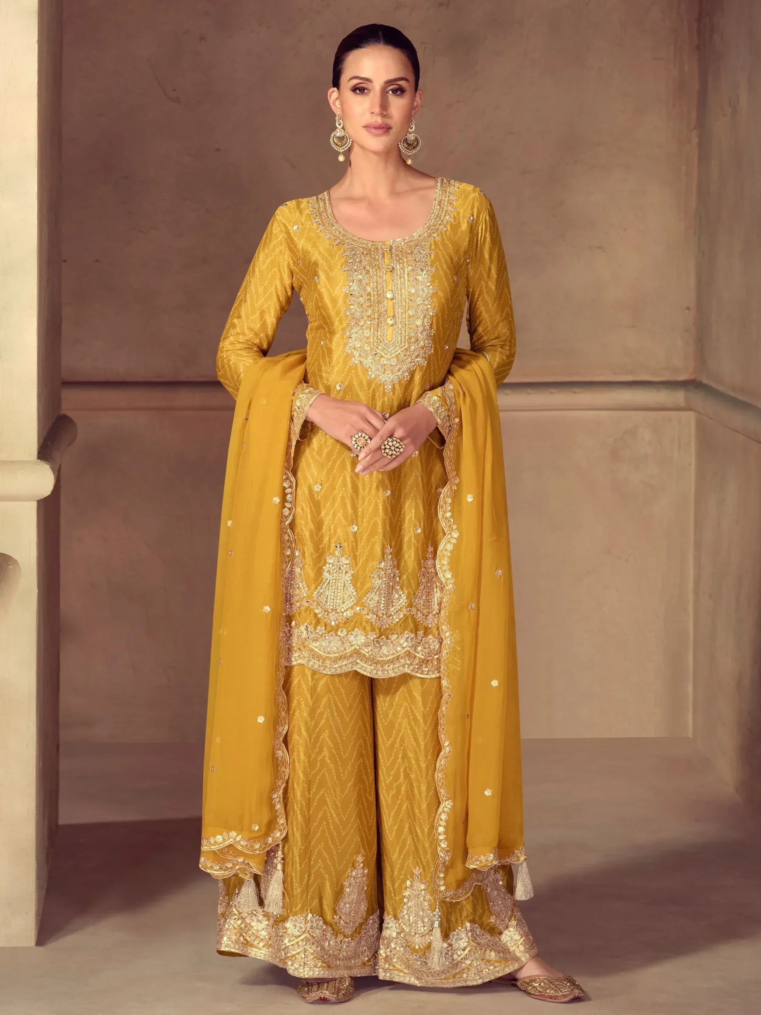 Yellow embroidered salwar kameez with dupatta, Indian ethnic wear for women