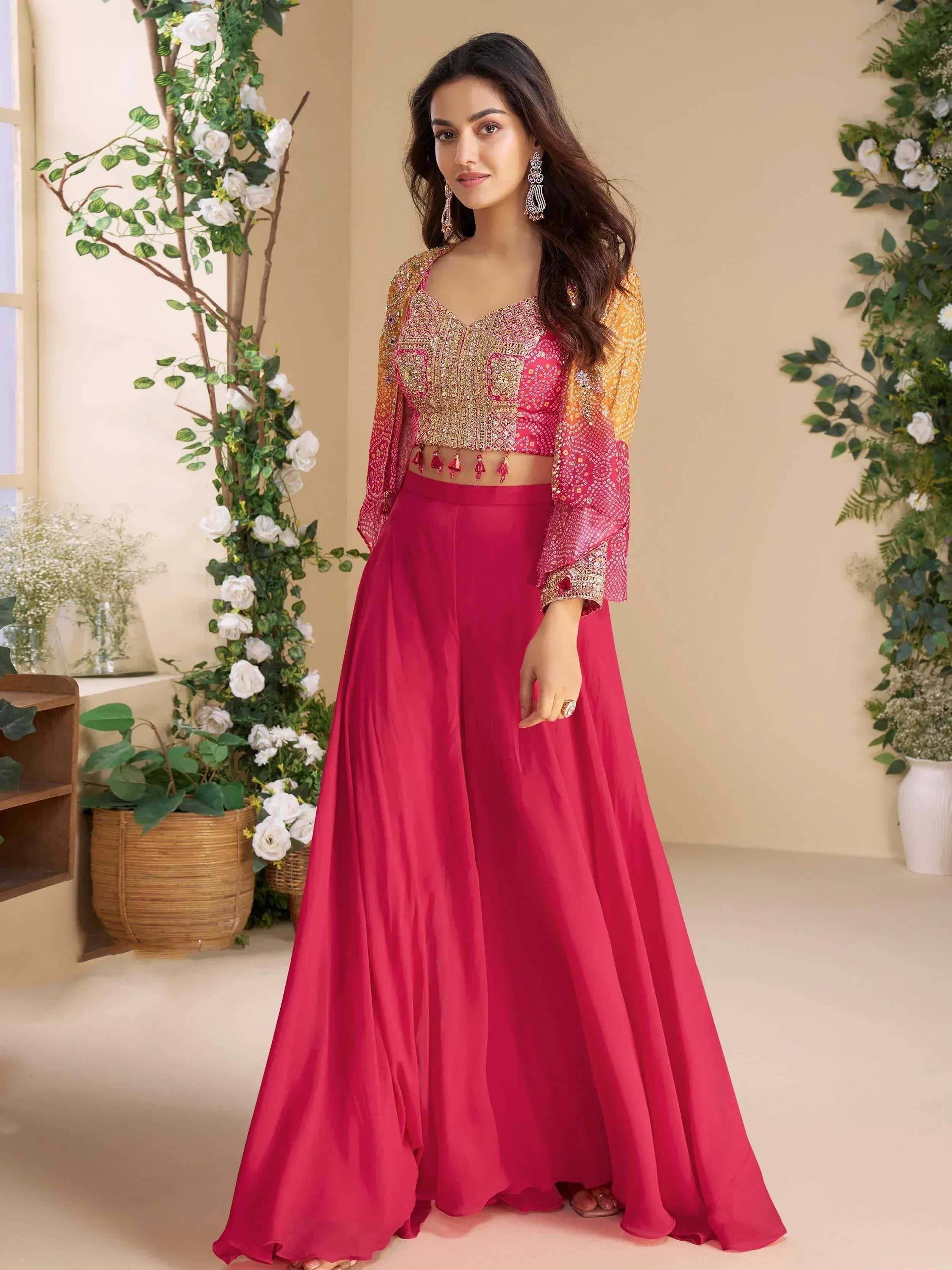 Beautiful Pink Georgette Beads Work Crop Top Palazzo With Koti