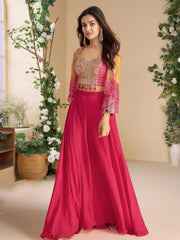 Beautiful Pink Georgette Beads Work Crop Top Palazzo With Koti