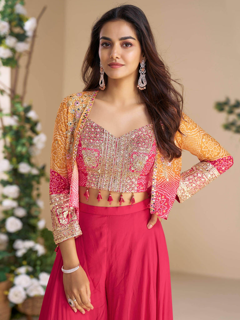 Beautiful Pink Georgette Beads Work Crop Top Palazzo With Koti