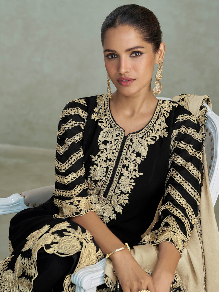 Glowing Black Embroidered Chinon Function Wear Palazzo Suit