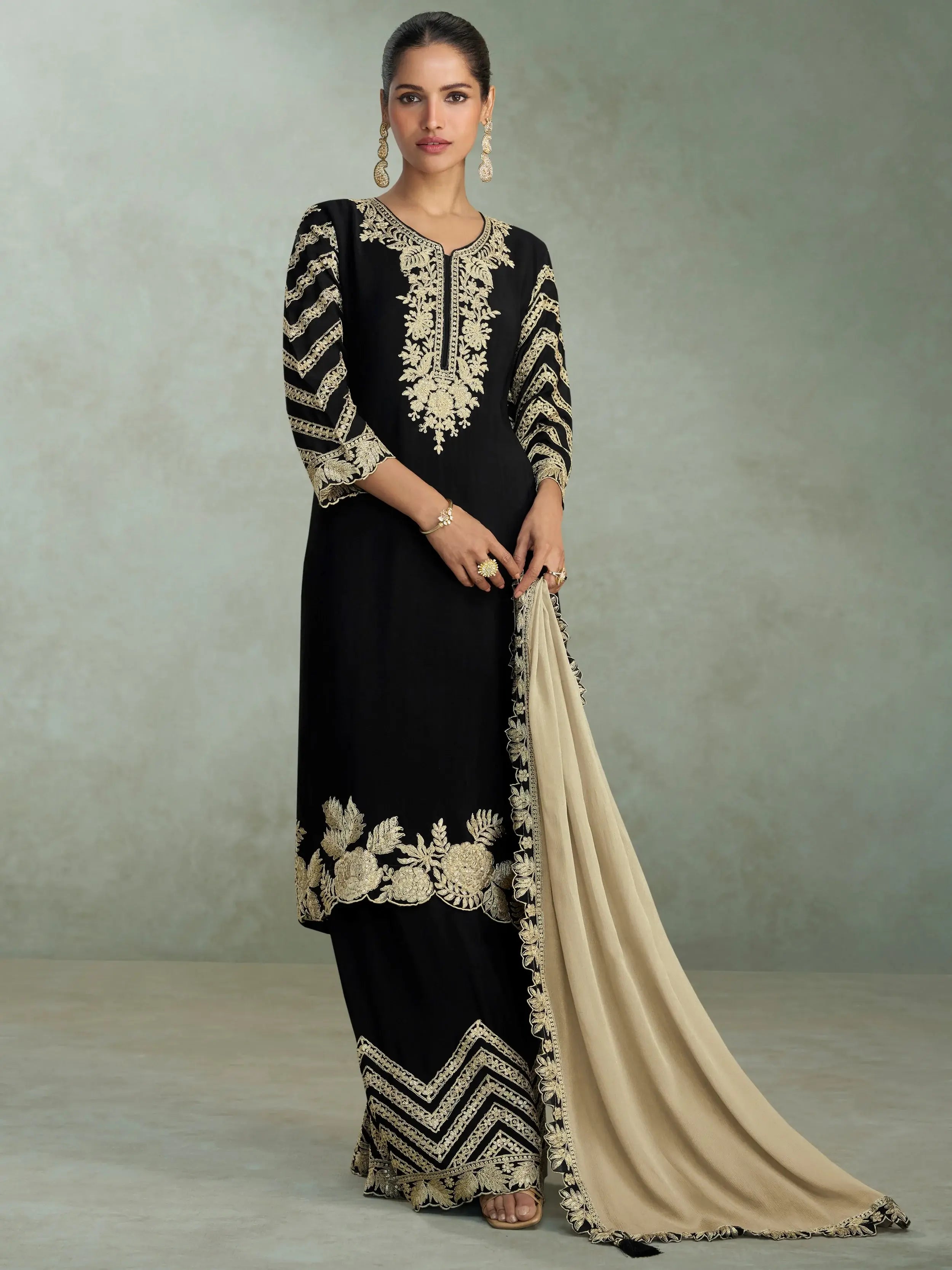 Glowing Black Embroidered Chinon Function Wear Palazzo Suit