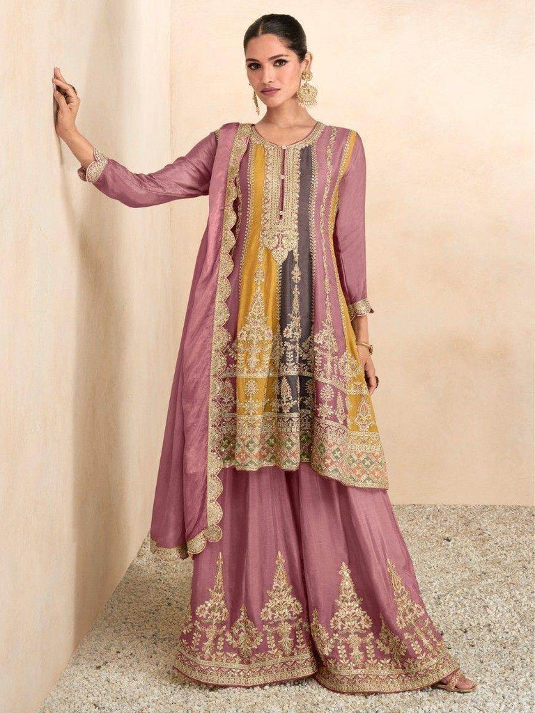 Glamorous Multi-Color Embroidered Chinon Festival Wear Palazzo Suit