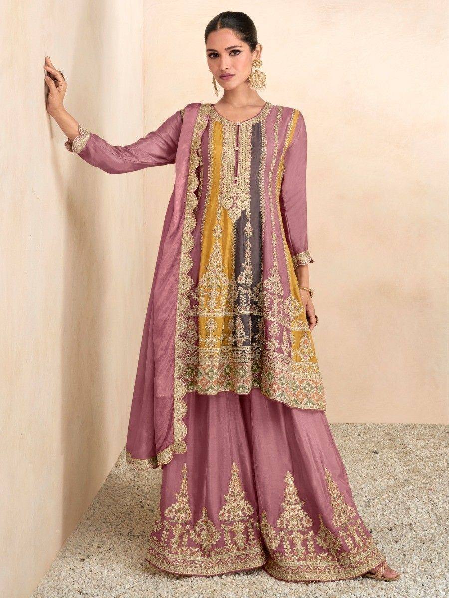 Elegant mauve and gold embroidered salwar kameez with dupatta, perfect for Indian ethnic occasions