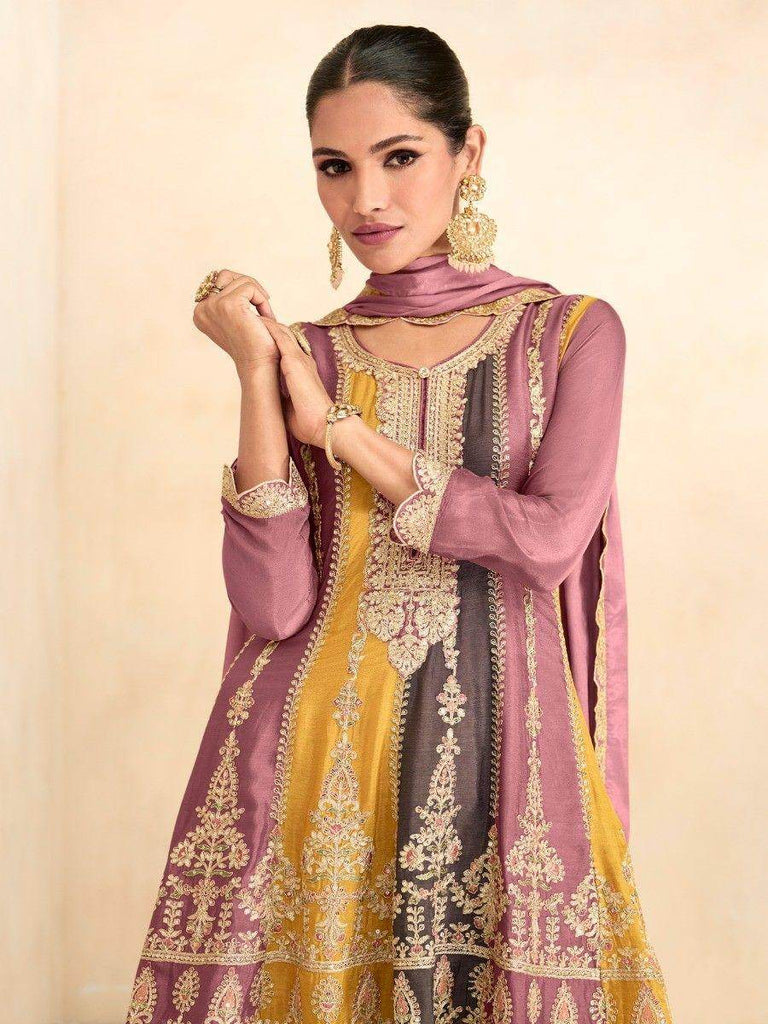 Glamorous Multi-Color Embroidered Chinon Festival Wear Palazzo Suit