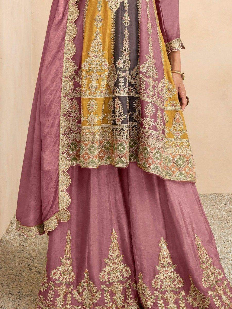 Glamorous Multi-Color Embroidered Chinon Festival Wear Palazzo Suit