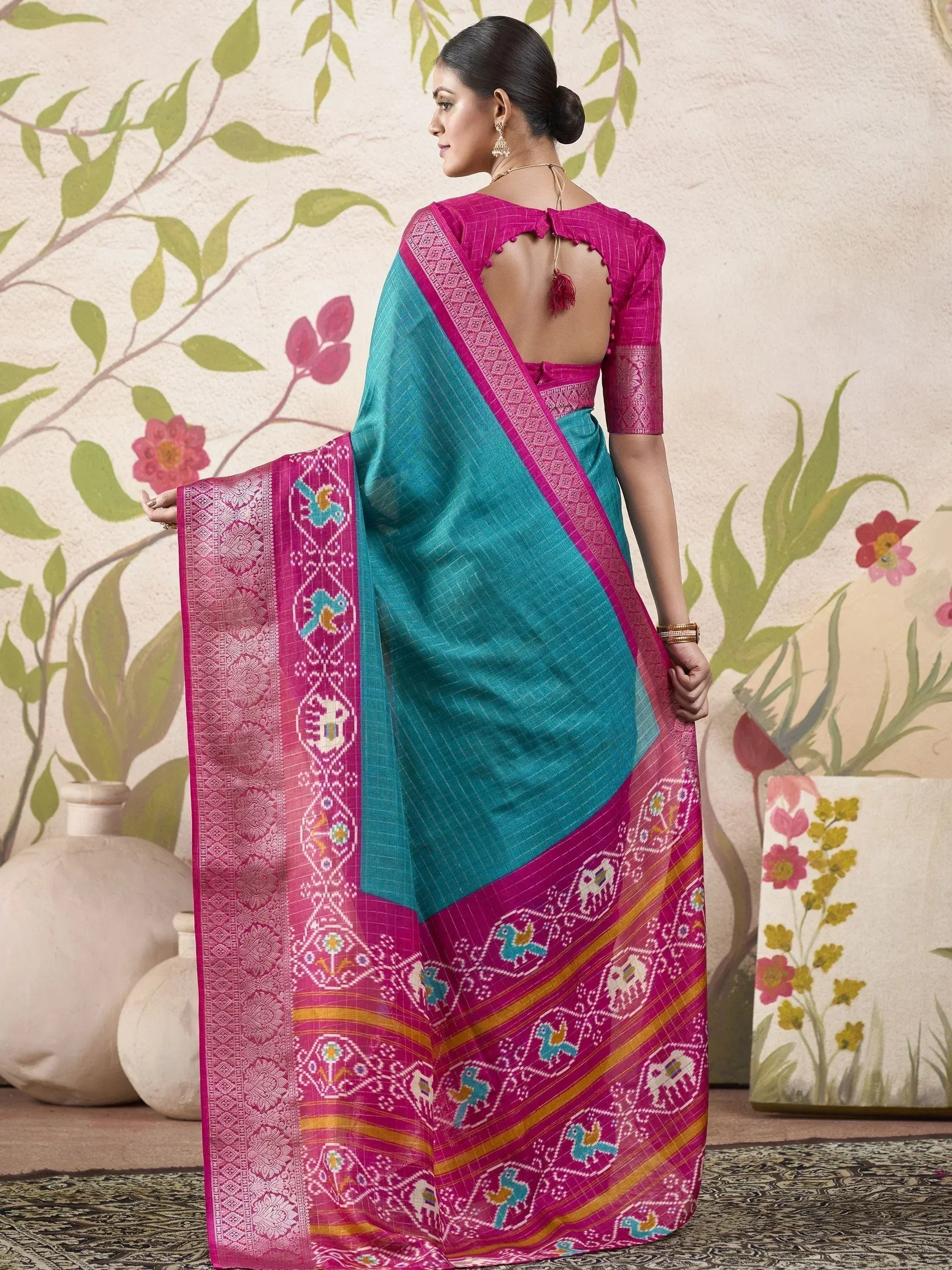 Teal and magenta ethnic saree with bird and elephant motifs, backless blouse, Indian designer wear