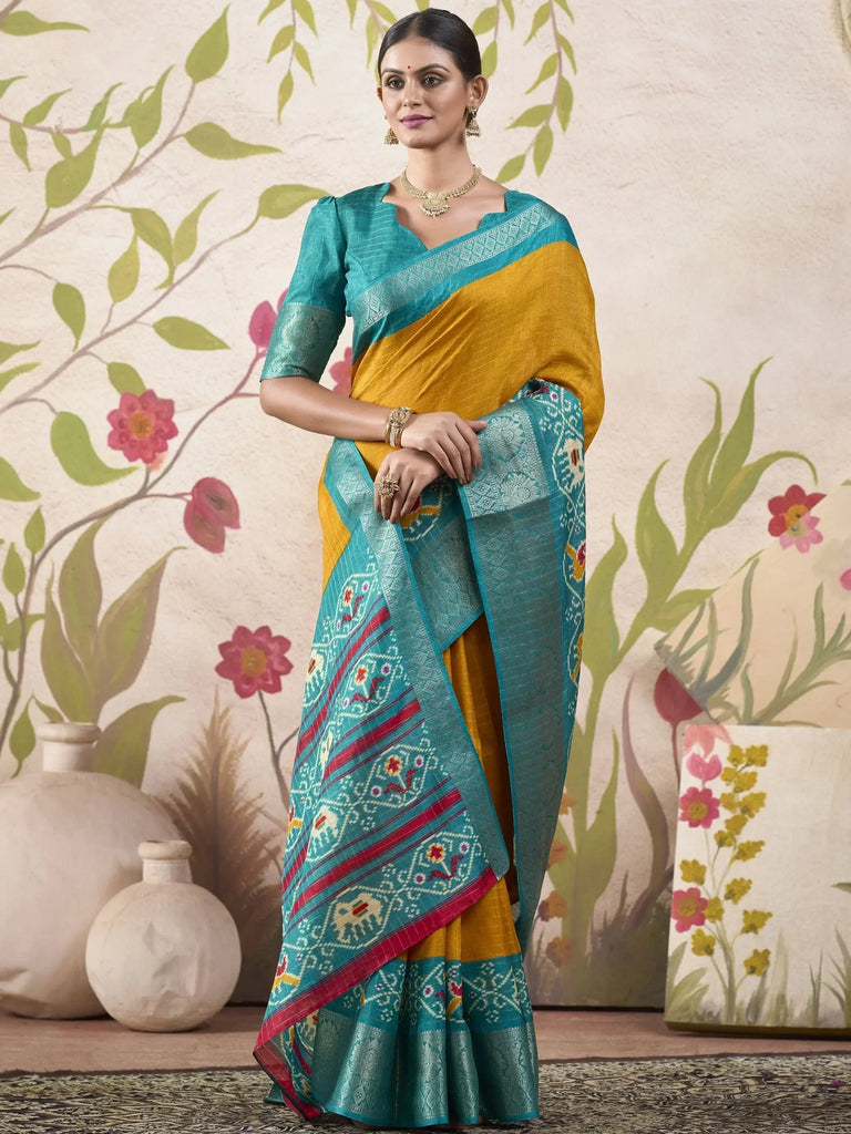Fascinating Mustard Patola Printed Tussar Silk Haldi Wear Saree