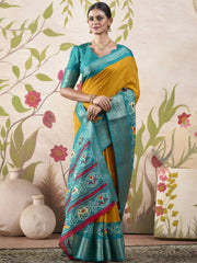 Fascinating Mustard Patola Printed Tussar Silk Haldi Wear Saree