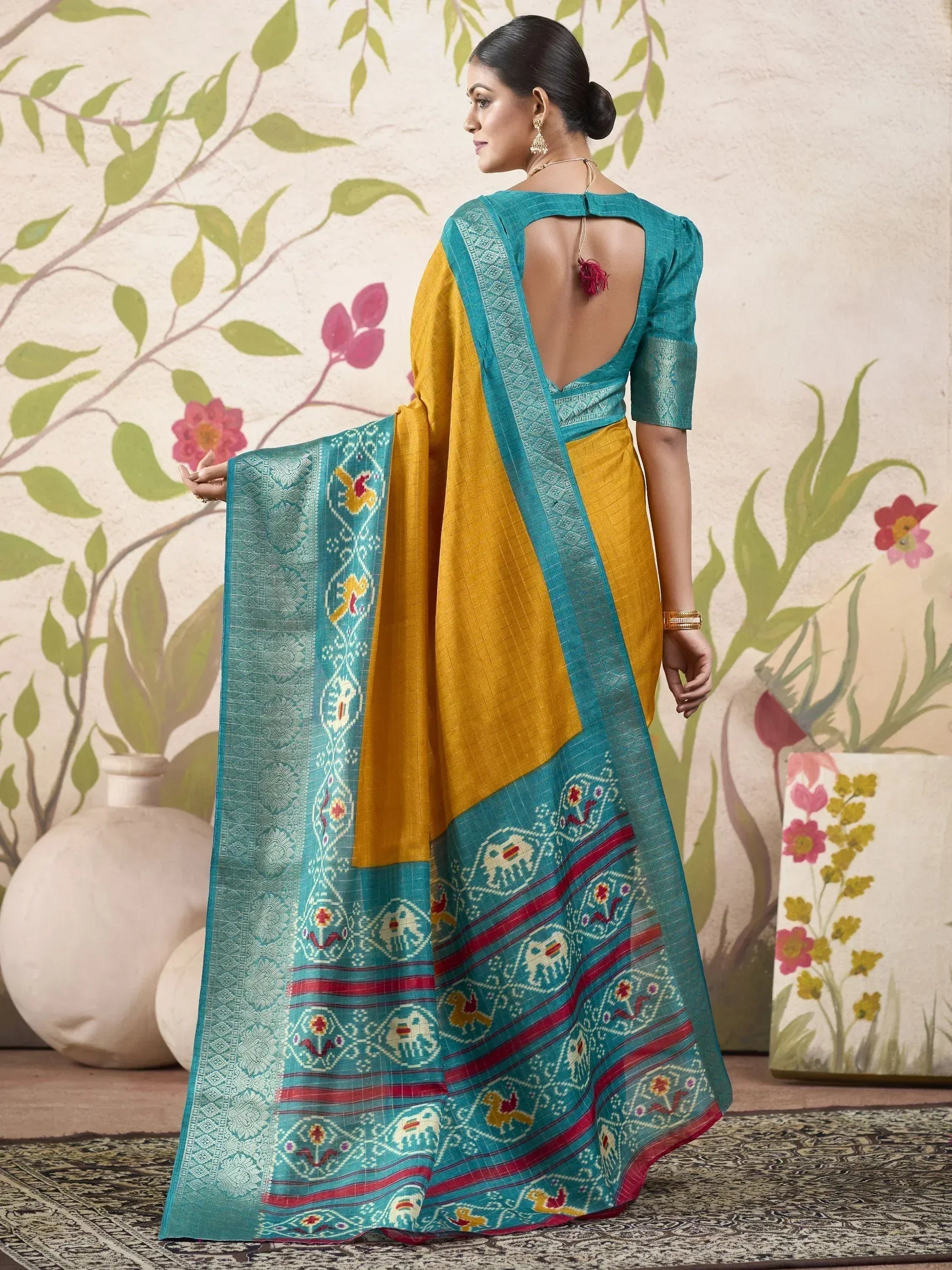 Yellow and teal designer saree with elephant print, backless blouse, ethnic wear for women