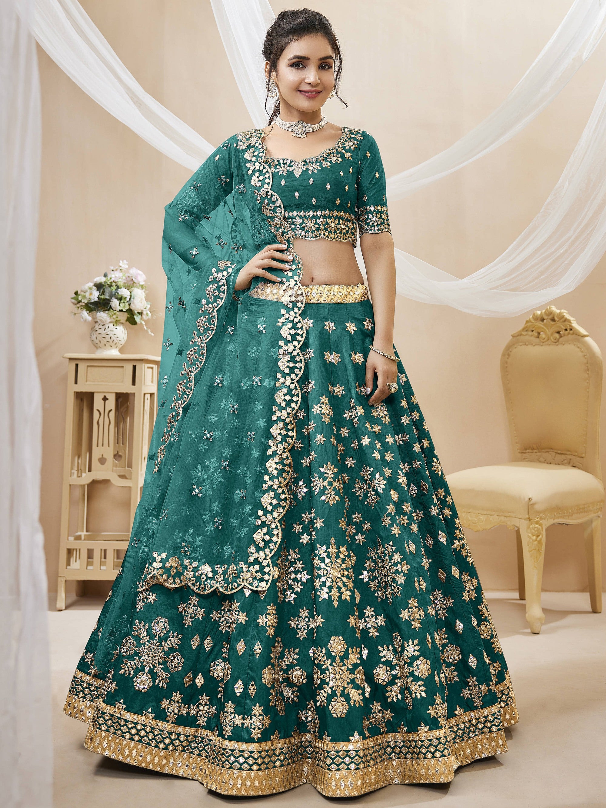Amazing Green Embroidered Silk Wedding Wear Plus Size Lehenga Choli