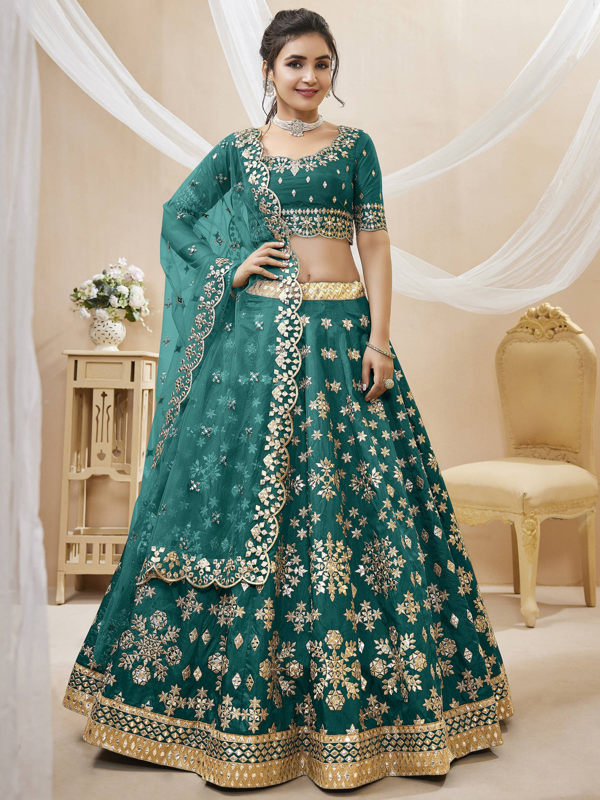 Amazing Green Embroidered Silk Wedding Wear Plus Size Lehenga Choli