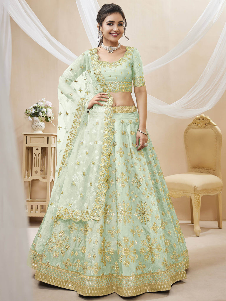 Mesmerizing Pista Embroidered Art Silk Reception Wear Lehenga Choli