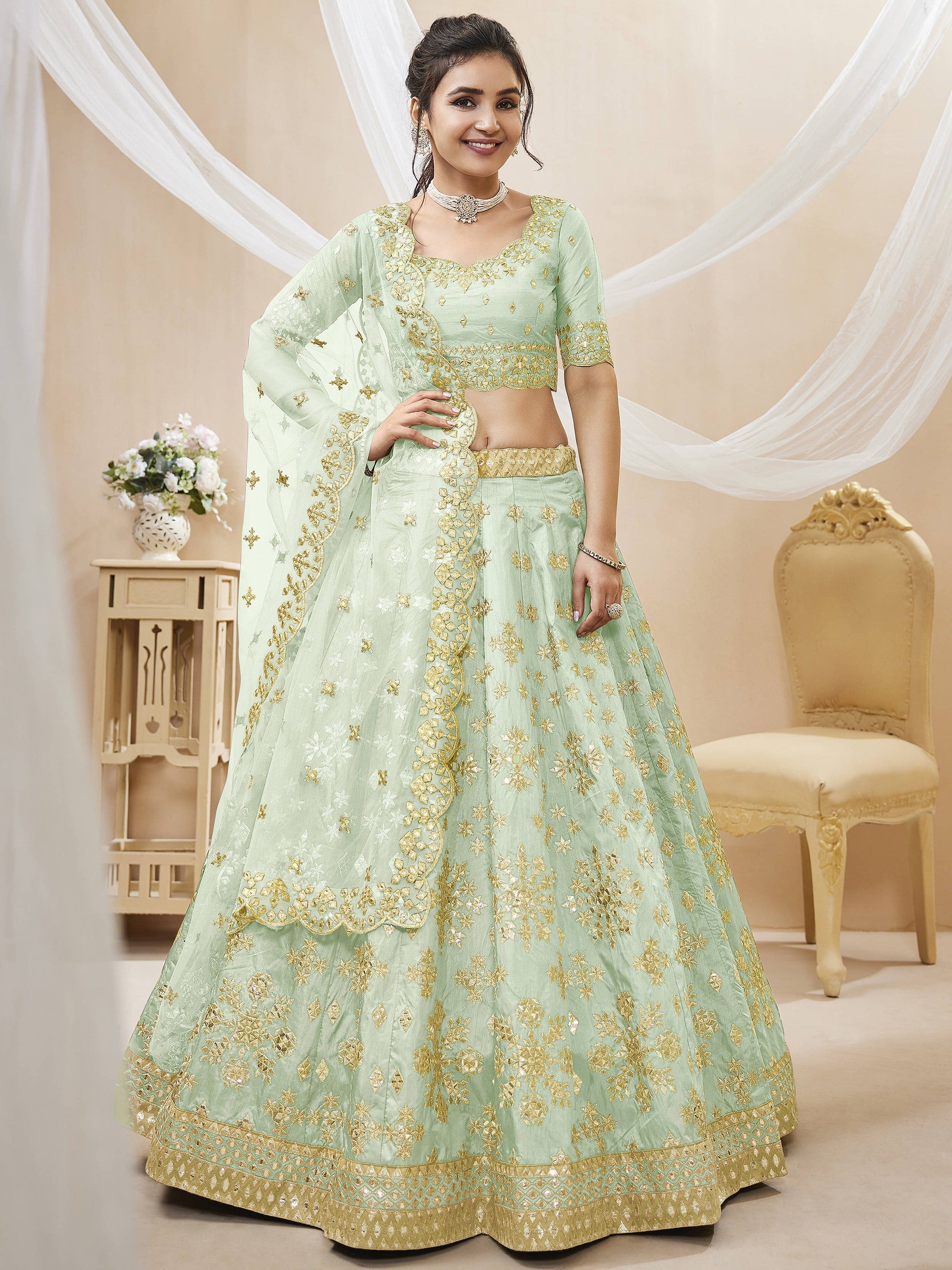 Dazzling Green Embroidered Silk Wedding Wear Plus Size Lehenga Choli