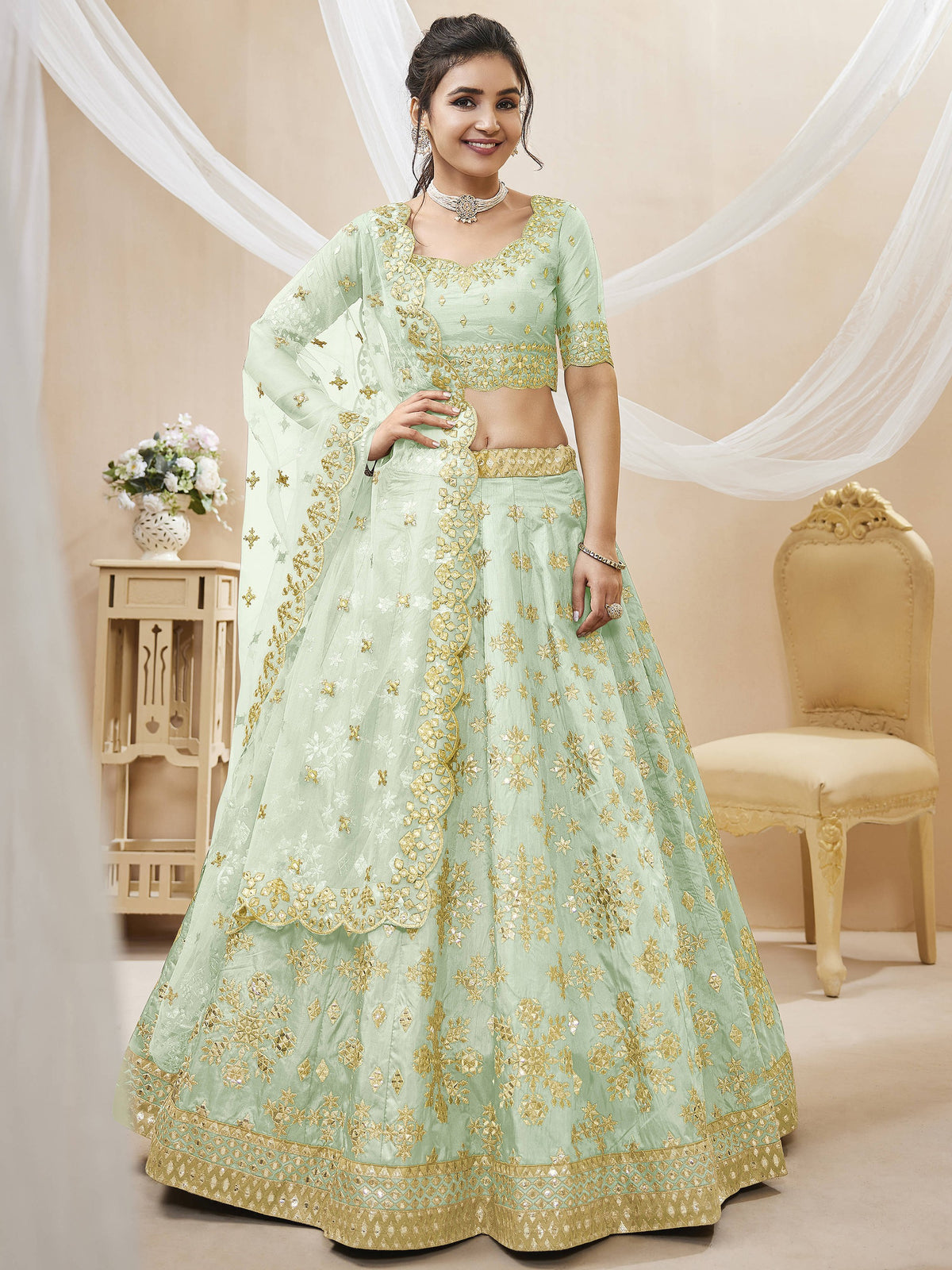 Dazzling Green Embroidered Silk Wedding Wear Plus Size Lehenga Choli