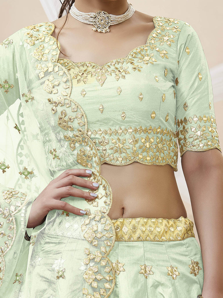 Mesmerizing Pista Embroidered Art Silk Reception Wear Lehenga Choli