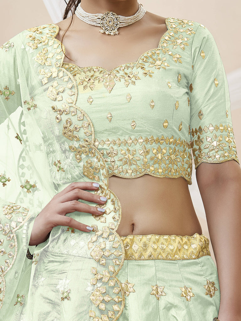 Dazzling Green Embroidered Silk Wedding Wear Plus Size Lehenga Choli