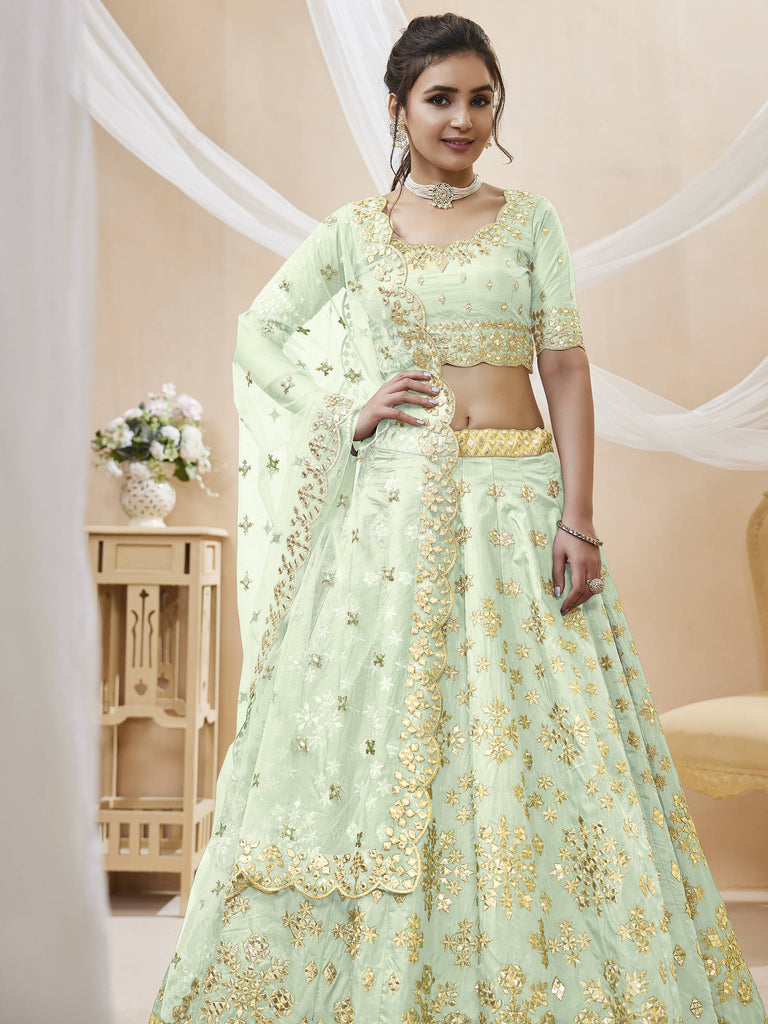 Dazzling Green Embroidered Silk Wedding Wear Plus Size Lehenga Choli
