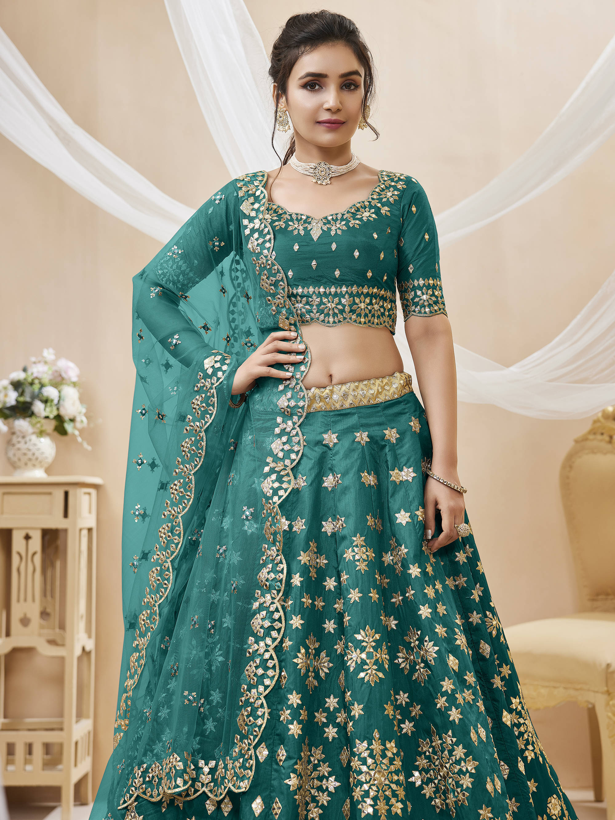 Amazing Green Embroidered Silk Wedding Wear Plus Size Lehenga Choli