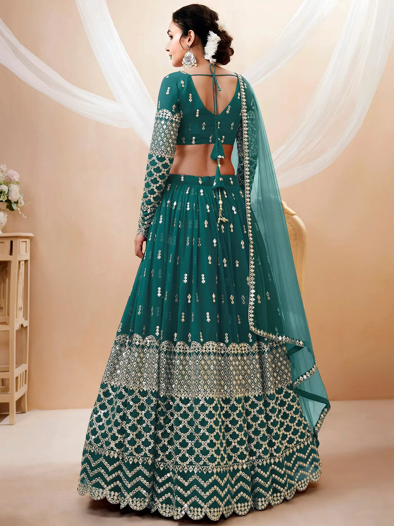Spectacular Teal Blue Zari Work Georgette Wedding Wear Lehenga Choli