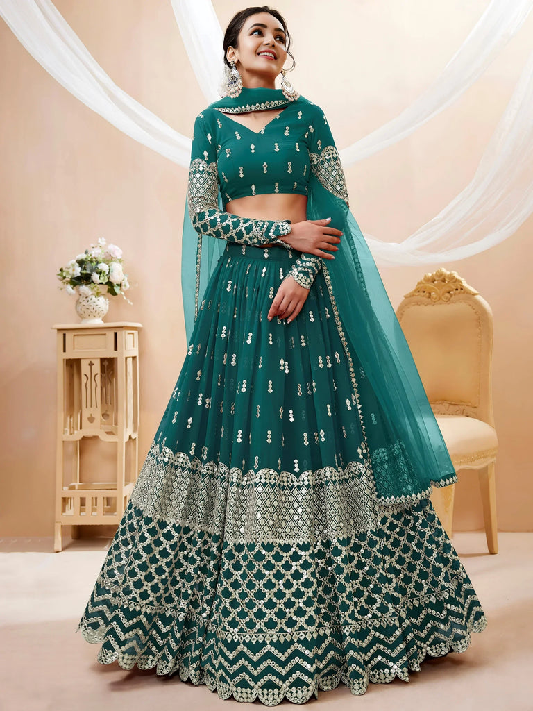 Spectacular Teal Blue Zari Work Georgette Wedding Wear Lehenga Choli
