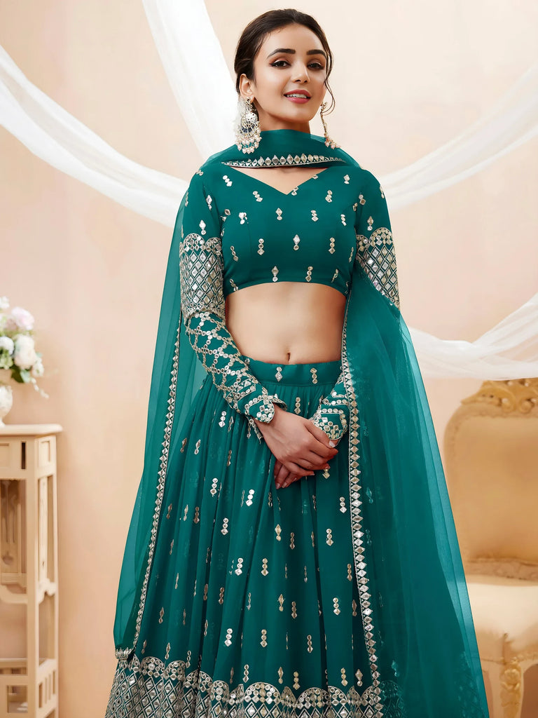 Spectacular Teal Blue Zari Work Georgette Wedding Wear Lehenga Choli