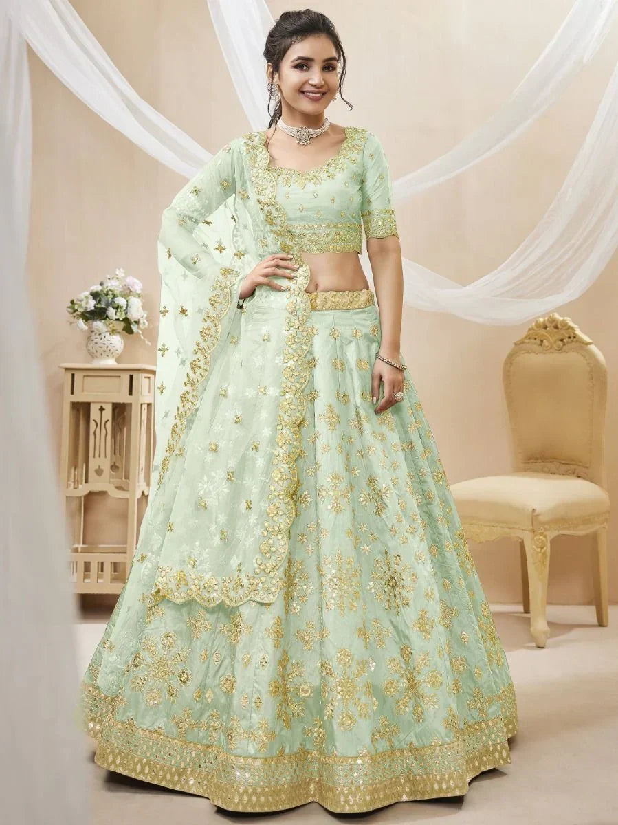 Pista Green Paper Mirror Mulberry Silk Wedding Wear Lehenga Choli