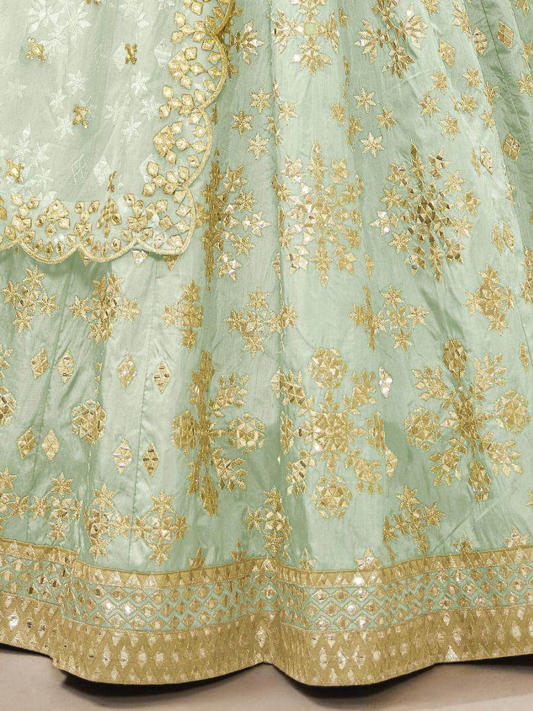 Pista Green Paper Mirror Mulberry Silk Wedding Wear Lehenga Choli