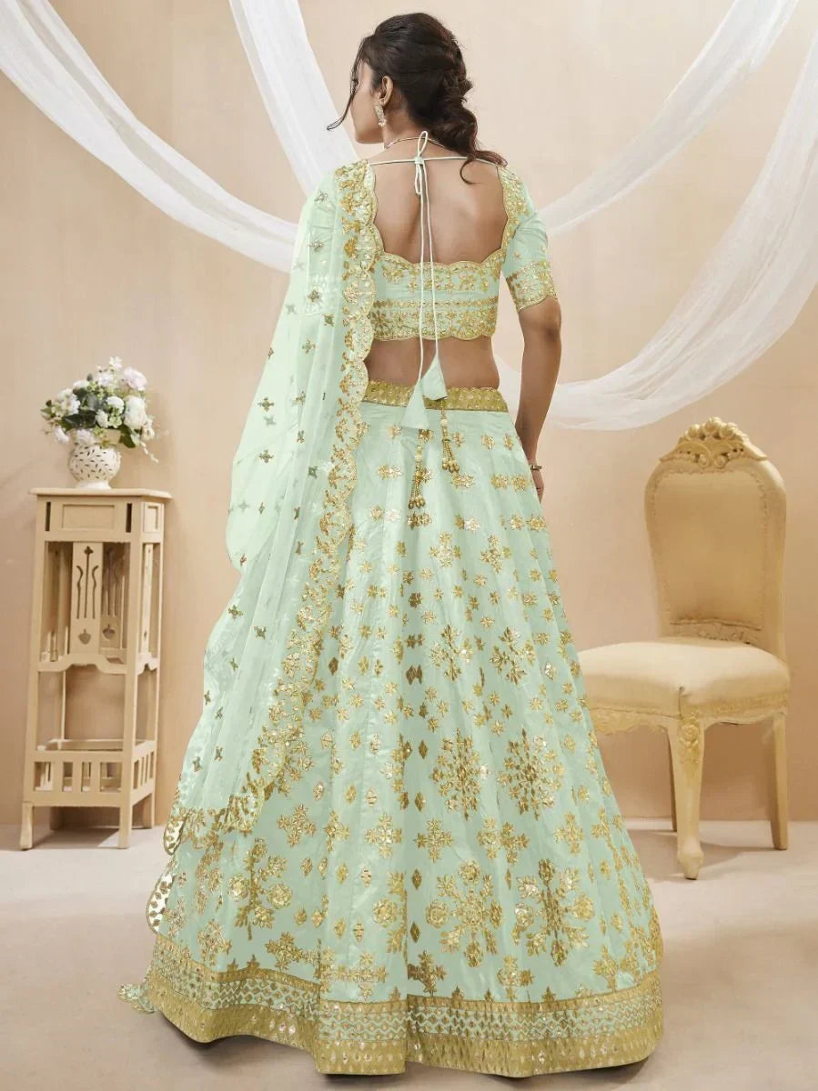 Pista Green Paper Mirror Mulberry Silk Wedding Wear Lehenga Choli